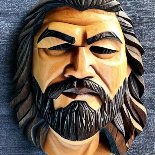 Prompt: wood carving of jason momoa