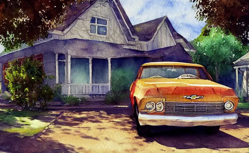 Image similar to a watercolor painting of a chevrolet opala parked near a 1 9 0 0 s house, digital painting, masterpiece, hyperrealistic, concept art, trending on deviantart, highly detailed, high quality, 4 k, symmetrical, low contrast, watercolor, warm, soft lighting, path traced, godrays, vintage, soft colors