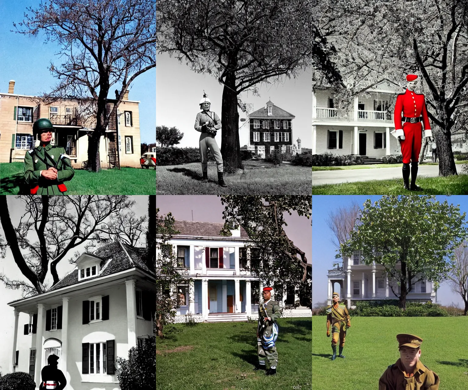 Prompt: retro-futurism style, Soldier by apple tree, colonial house in background