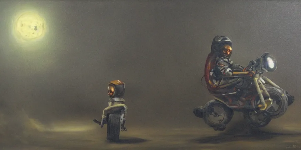 Image similar to creepy oil painting of an astronaut riding a bigwheel. epic lighting.