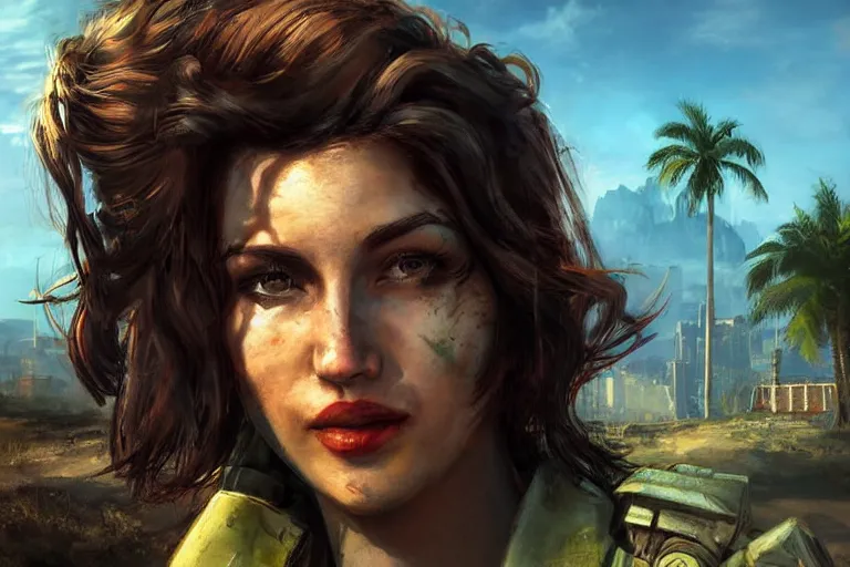 Prompt: fallout 5, charismatic beautiful rugged brunette female protagonist, portrait, outdoors tropical cityscape, atmospheric lighting, painted, intricate, volumetric lighting, beautiful, daytime, sunny weather, few clouds, sharp focus, deep colours, ultra detailed, art by william turner