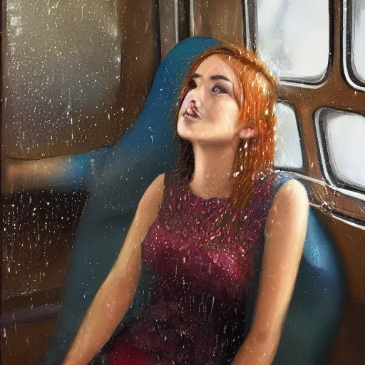 Prompt: anna carlos as a hot girl in a train, detailed lace dress, gorgeous face portrait, expressive oil painting, matte art, trending on artstation, rainy weather, train window