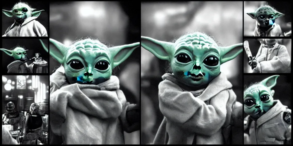 Image similar to baby yoda sings karaoke down at the local pub, rgb ambient lighting, dramatic lighting, style of mandalorian ( tv show ), rougue one ( film ), buzz lightyear ( film ), space odyssey 2 0 0 1 ( film )