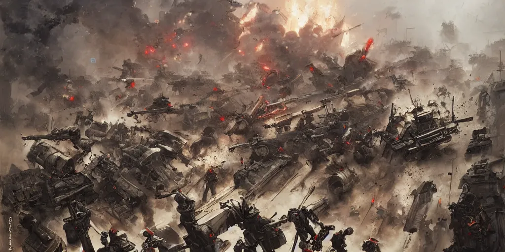 Image similar to french army and civilians are getting slaughtered by samurai robots in the interbellum paris, detailed painting, intense heavy street battle, bullet hell, pile of bodies, artillery bombings, blood on the streets, art by greg rutkowski and jakub rozalski