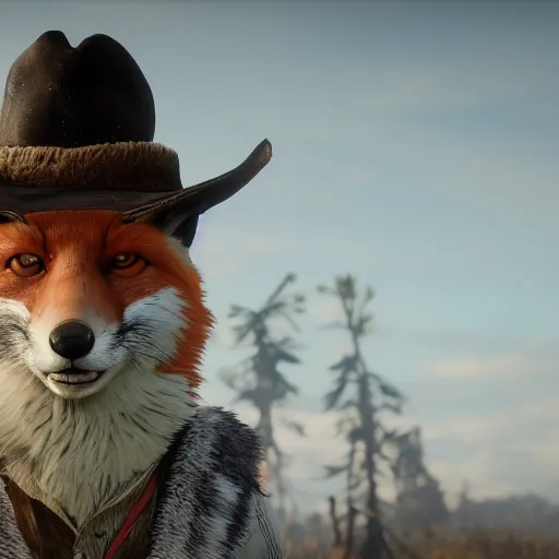 Prompt: Film still of anthropomorphic fox, from Red Dead Redemption 2 (2018 video game)