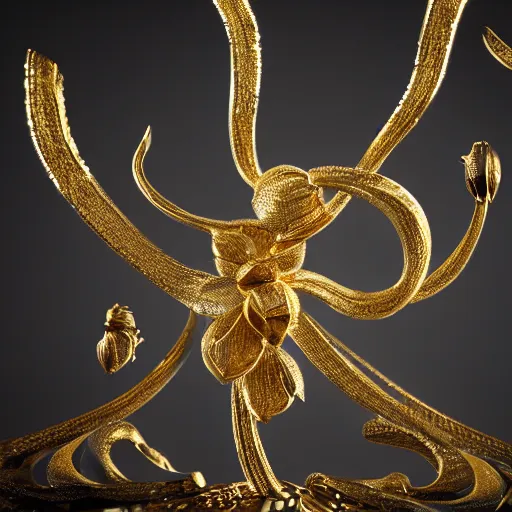 Image similar to gold jewellery with filigree faberge orchid betta whiplash forest liquid lightshow twisted organic natural forms designed by giger, golden, studio lit, 4 k, octane render