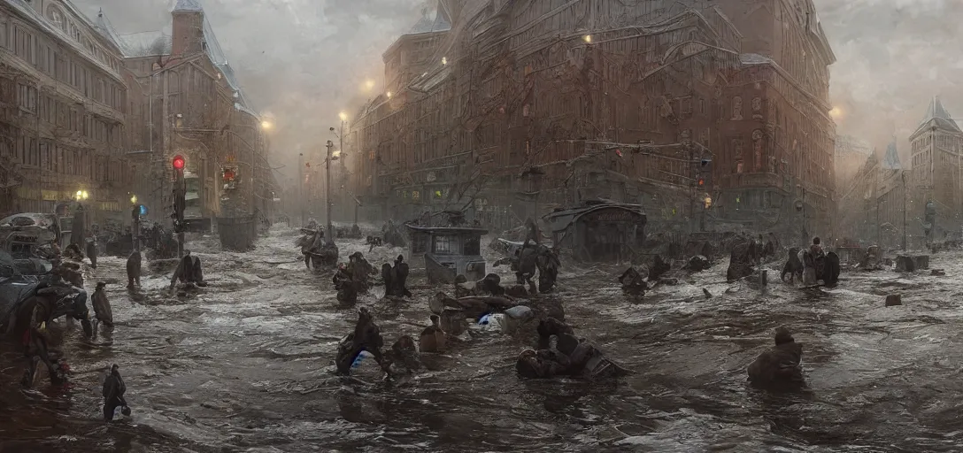 Prompt: famous photo of the flood in oslo, intricate, hyper detailed, 8k, james gurney, greg rutkowski, john howe, artstation