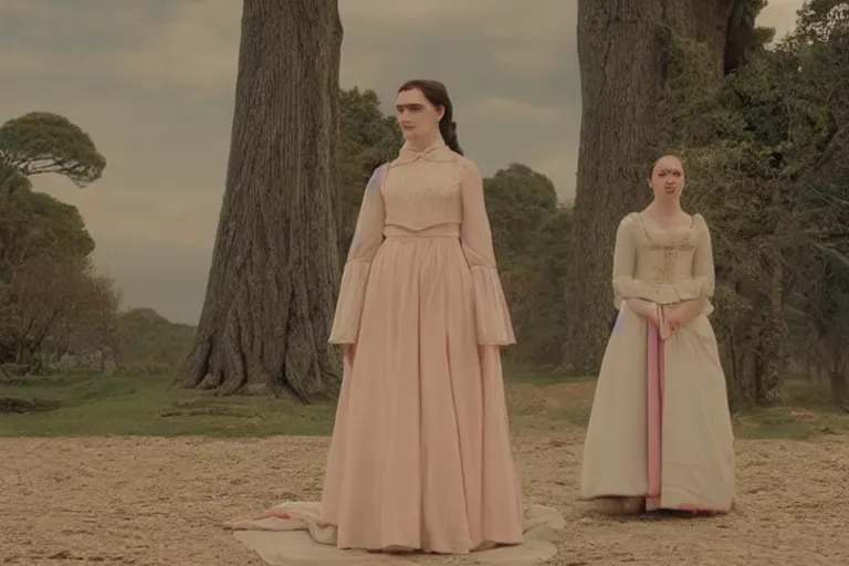 Prompt: mid-shot of Katie McGrath as the heiress in the new movie directed by Wes Anderson, symmetrical shot, idiosyncratic, relentlessly detailed, pastel colour palette, detailed face, movie still frame, concept art, promotional image, imax 70 mm