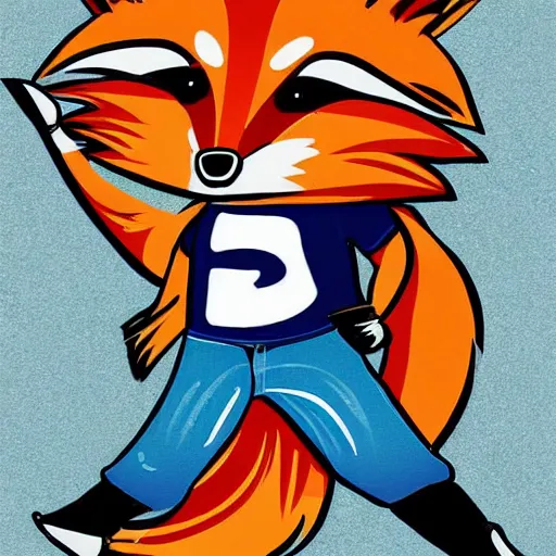 Prompt: A fox wearing a t-shirt and jeans, energetic, dynamic, digital art