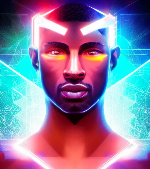 Image similar to symmetry!! egyptian prince of technology, solid cube of light, hard edges, product render retro - futuristic poster scifi, lasers and neon circuits, brown skin man egyptian prince, intricate, elegant, highly detailed, digital painting, artstation, concept art, smooth, sharp focus, illustration, dreamlike, art by artgerm