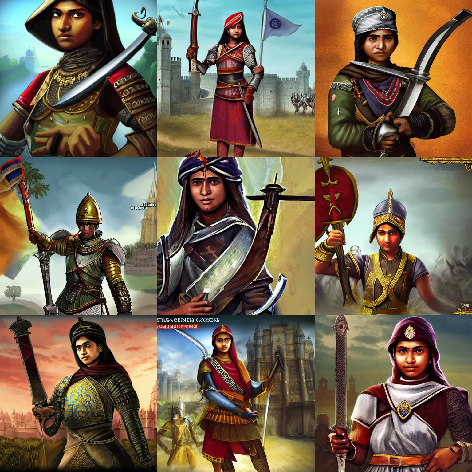 Prompt: A teenage Indian girl soldier, holding a sword, loading screen artwork for the game 'Crusader Kings III'