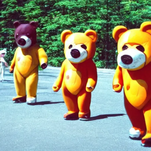 Image similar to happybears!, happy bears! kill union, humanoid bears, bear costumes, happy faces, evil happy faces, rollerblading, rollerskates, four humanoid bears, 2 0 0 1 anime, flcl, golden hour, japanese town, cel - shaded, strong shadows, vivid hues, y 2 k aesthetic