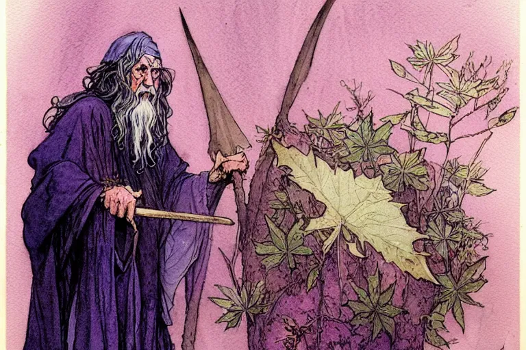 Image similar to a realistic and atmospheric watercolour fantasy character concept art portrait of gandalf with pink eyes lying on his back looking happy and confused with a pot leaf nearby, by rebecca guay, michael kaluta, charles vess and jean moebius giraud