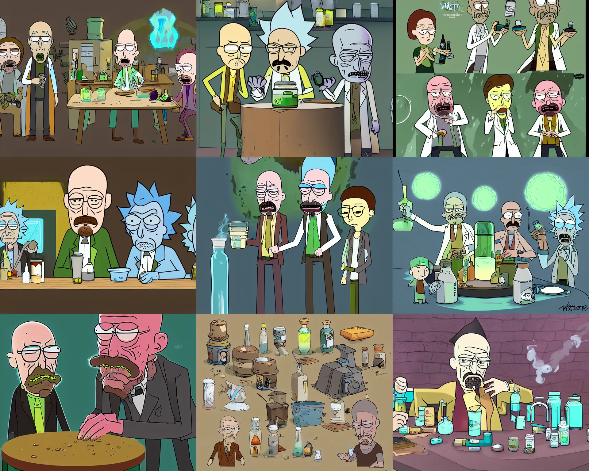 Image similar to walter white is brewing potions with rick and morty, highly detailed, digital art, trending on artstation