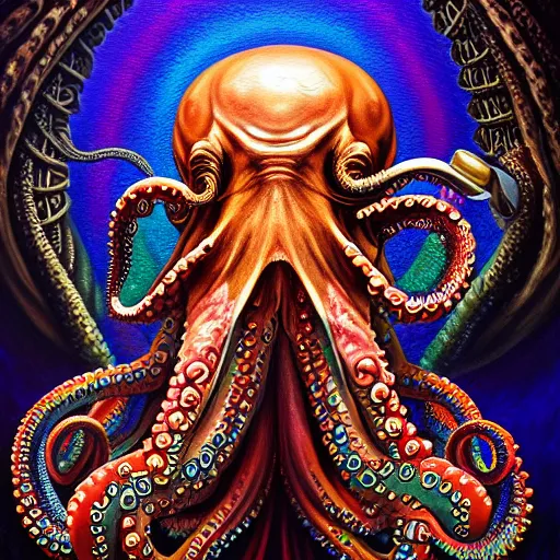 Image similar to an intricate oil painting of a stoic octopus dressed as an ancient warrior smoking a pipe in the style of junji ito and dark fantasy, ornate, psychedelic, rainbow color scheme, detailed, cinematic, diffuse lighting, magic realism, artstationhq, unreal engine 5, volumetric light