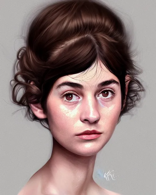 Prompt: !dream portrait of a welsh teenage girl with brown hair, glowing skin, delicate features, quiet beauty, amelie poulain, cute ears, teenage audrey tautou, fantasy, intricate, elegant, dress shirt, highly detailed, digital painting, artstation, concept art, smooth, sharp focus, illustration, art by Krenz Cushart and Artem Demura and alphonse mucha, floral background