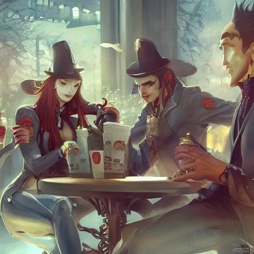 Prompt: group of vampires chilling at mcdonalds, fine details by stanley artgerm lau, wlop, rossdraws, james jean, andrei riabovitchev, marc simonetti, and sakimichan, trending on artstation