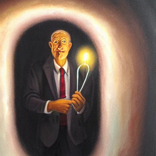 Prompt: a man holding a light at the end of a tunnel, oil painting