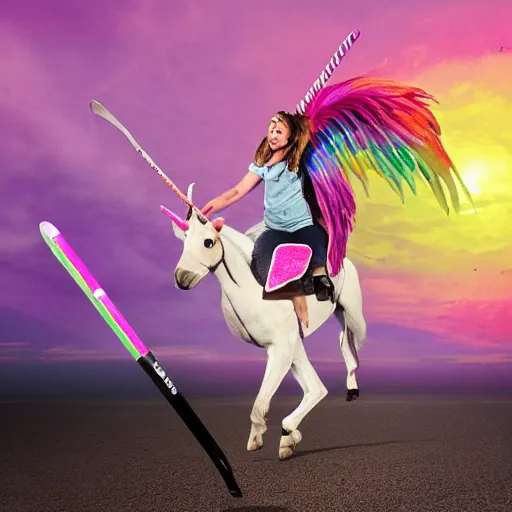 Prompt: wizard riding a pink unicorn carrying a hockey stick, ultraHD, realistic, photojournalism, Pulitzer Prize, national geographic