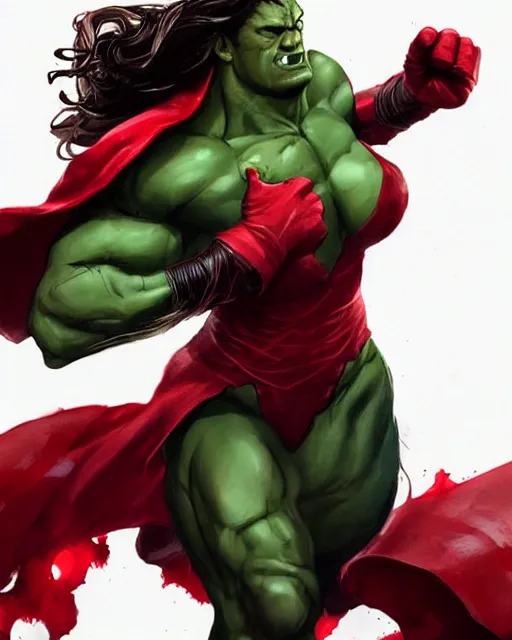 Prompt: marvel's the hulk dressed as the scarlet witch, beautiful face, torn costume, action pose, splash art, comic book style, by wlop, highly detailed, dynamic shadows, trending on artstation