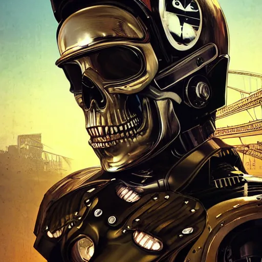 Prompt: a portrait of an cyborg vintage skull in a racing helmet by sandra chevrier, detailed render, epic composition, cybernetics, 4 k realistic, cryengine, realistic shaded lighting, sharp focus, masterpiece, by matteo scalera, gary montalbano, peter elson in the style of the tokyo ghost comic