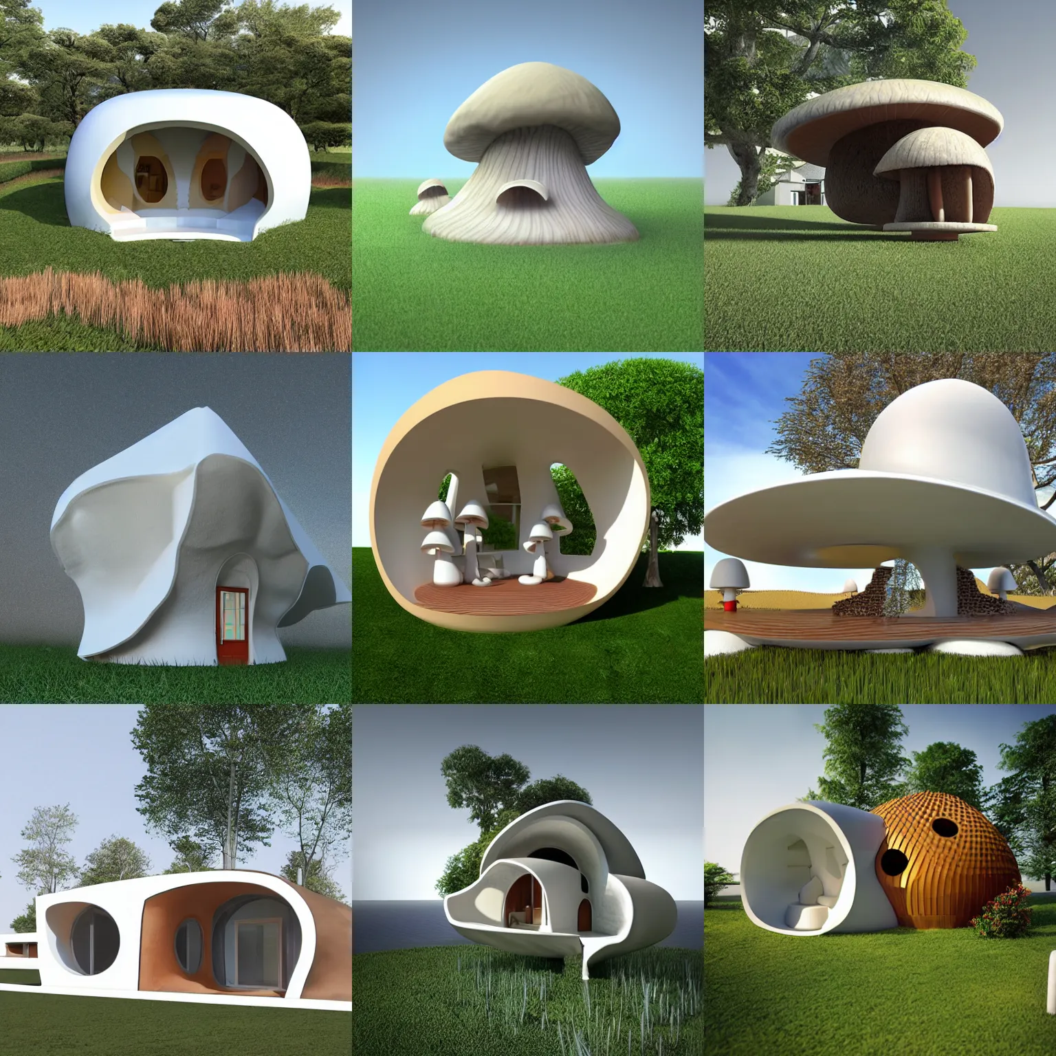 Prompt: a house in the shape of a mushroom. architectural render photo.