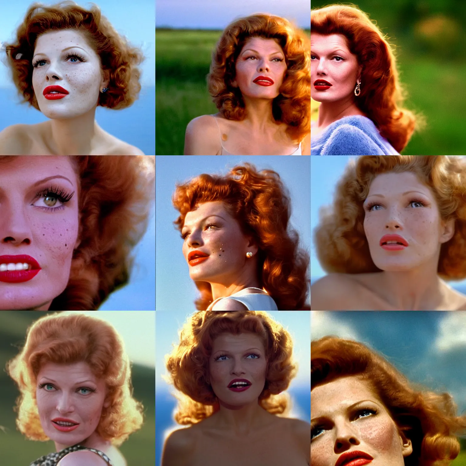 Prompt: natural 8 k close up shot from a 2 0 0 5 romantic comedy by sam mendes of rita hayworth with natural face, freckles, natural skin, beauty spots and very small lips. she stands and looks on the horizon with winds moving her hair. fuzzy blue sky in the background. small details, natural lighting, 8 5 mm lenses, sharp focus