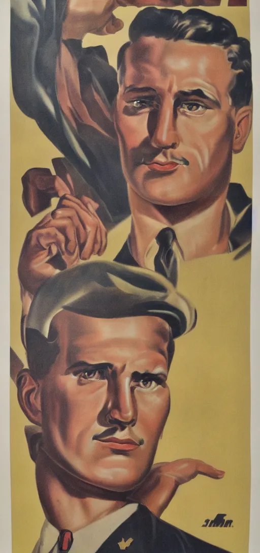 Image similar to portrait mistery man, 1940s propaganda poster, full hd,highly detailed