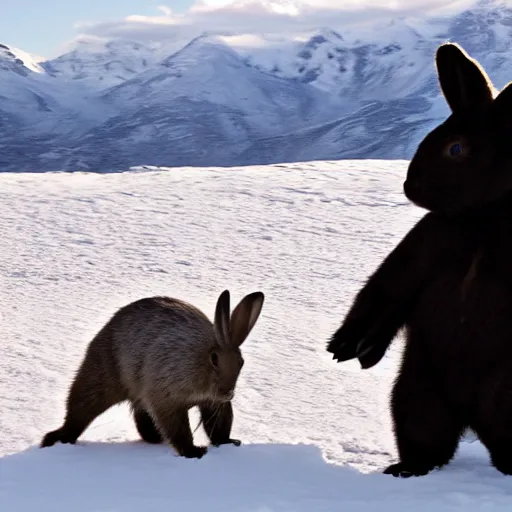 Image similar to Award Winning photo Bear plays with Rabbits in snow in the mexican desert