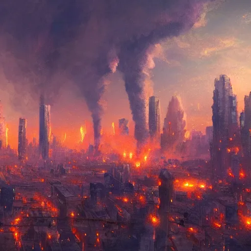 Prompt: A beautiful painting of a fantasy city burning, smoke rising to the skies, detailed image, trending on artstation