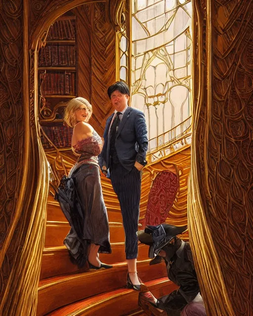 Image similar to a close up portrait of michael mcintyre & a blonde lady on staircase at livraria lello, real life skin, intricate, highly detailed, artstation, concept art, smooth, sharp focus, art by artgerm and greg rutkowski