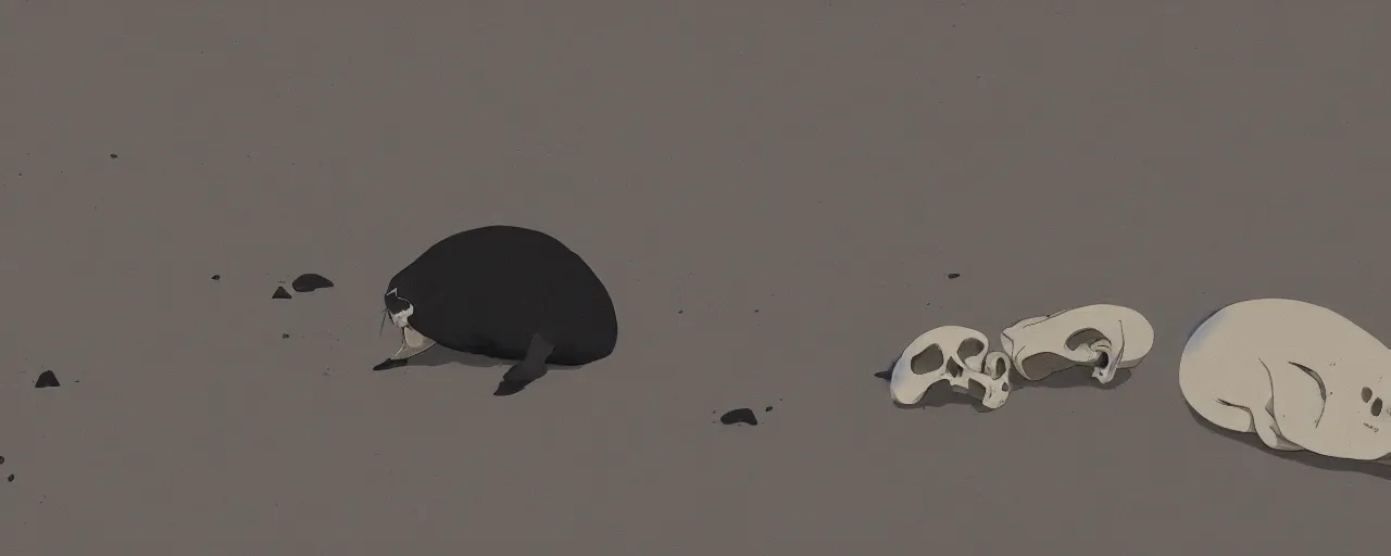 Image similar to seal bones and skull, in river mud, atey ghailan, goro fujita, studio ghibli, rim light, sad, very dark fading to black, clear focus, very coherent