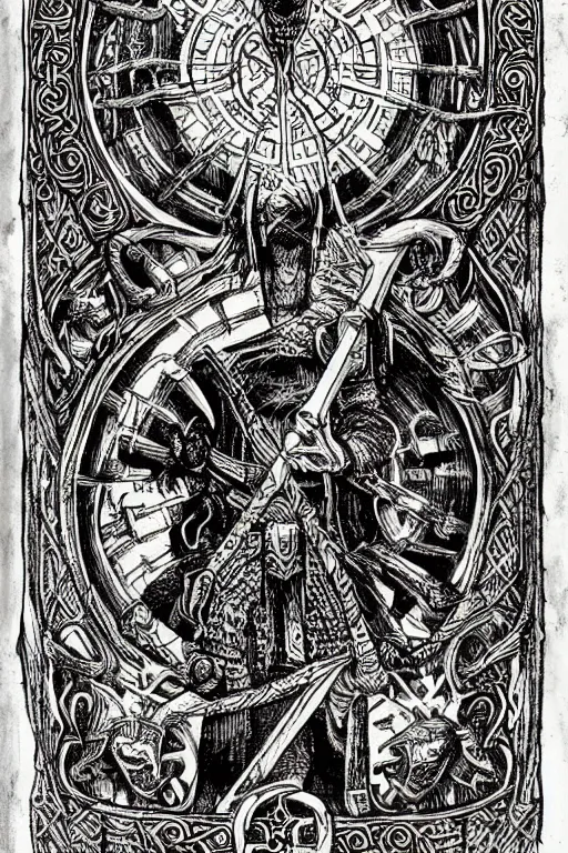 Image similar to tarot card, viking style, medieval concept art, intricate illustration, detailed