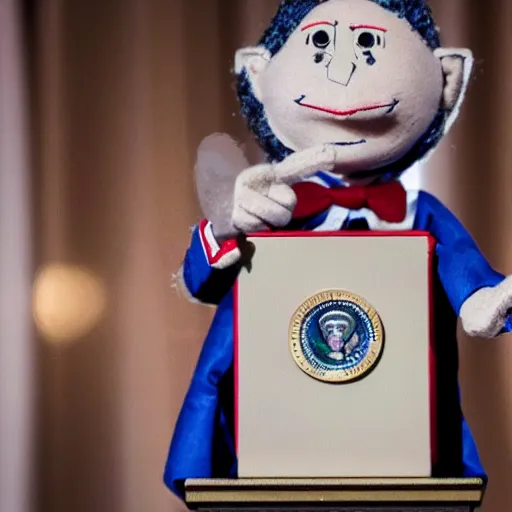 Image similar to puppeteer using marionette of a president in a podium