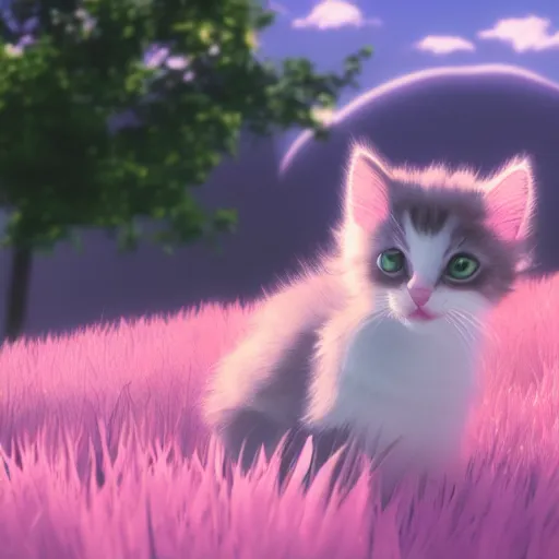 Image similar to a wholesome animation key shot of a kitten on a hill, fluffy pink anime clouds, studio ghibli, pixar animation, sharp, rendered in unreal engine 5, anime key art, bloom, dramatic lighting