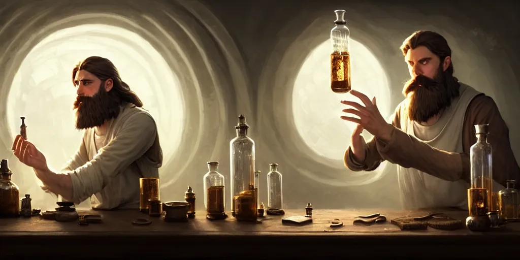 Prompt: a handsome bearded white male wizard with brown hair he is casting a spell emanating from his hands, he is in a alchemist workshop filled with beakers and equipment, neutral hand pose, sharp focus, waist up, 4 k, by greg rutkowski, rudy siswanto and anna podedworna