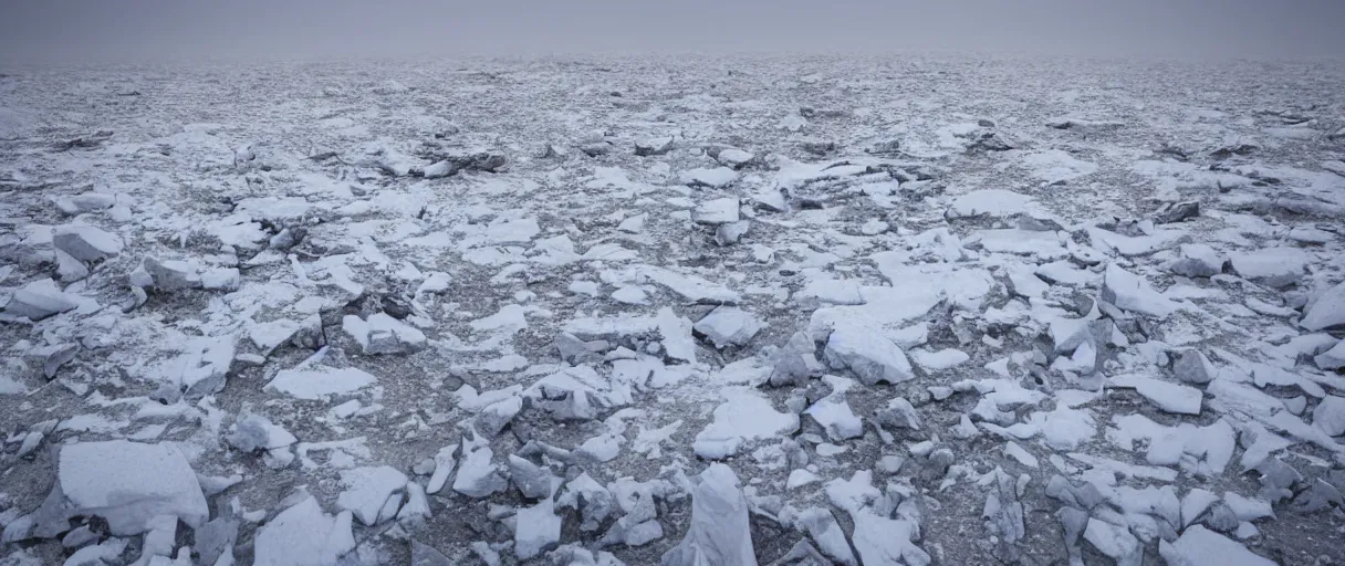 Image similar to a high quality color creepy atmospheric extreme wide angle shot hd 4 k film 3 5 mm photograph of a total white out blizzard in a desolate antarctica landscape