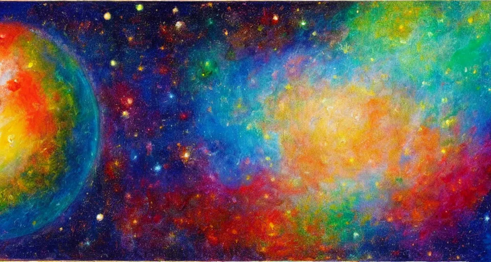 Image similar to award - winning realistic painting of a large planet made of colourful gas, colourful bright stars