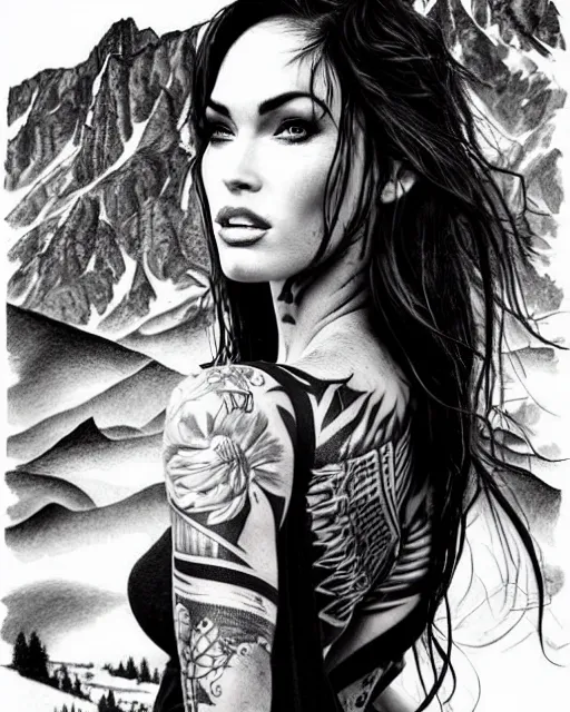 Image similar to tattoo design sketch of megan fox with amazing mountain scenery, double exposure effect, realism tattoo, in the style of den yakovlev, amazing detail, sharp