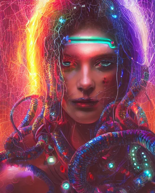 Image similar to a cyberpunk close up portrait of cyborg medusa, electricity, rainbow, snakes in hair, sparks, bokeh, soft focus, sparkling, glisten, water drops, cold, dark, geometric, temples behind her, by paul lehr, jesper ejsing