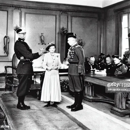Image similar to ultra wide 1 9 4 6 historical photo of a single german general signing a peace treaty, a young queen elizabeth holds a corgi and watches the general sign the treaty, french village interior, highly detailed, sharp focus