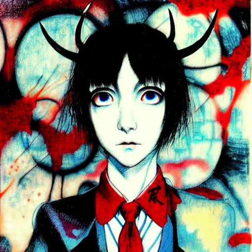 Image similar to yoshitaka amano blurred and dreamy realistic three quarter angle horror portrait of a sinister young woman with short hair, horns and red eyes wearing office suit with tie, junji ito abstract patterns in the background, satoshi kon anime, noisy film grain effect, highly detailed, renaissance oil painting, weird portrait angle, blurred lost edges