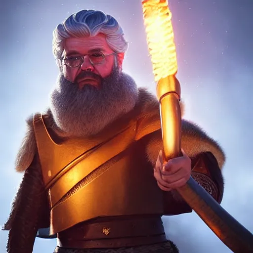 Prompt: George Lucas wearing viking armour holding a glowing fire magical staff. Trending on Artstation, octane render, ultra detailed, art by Ross tran