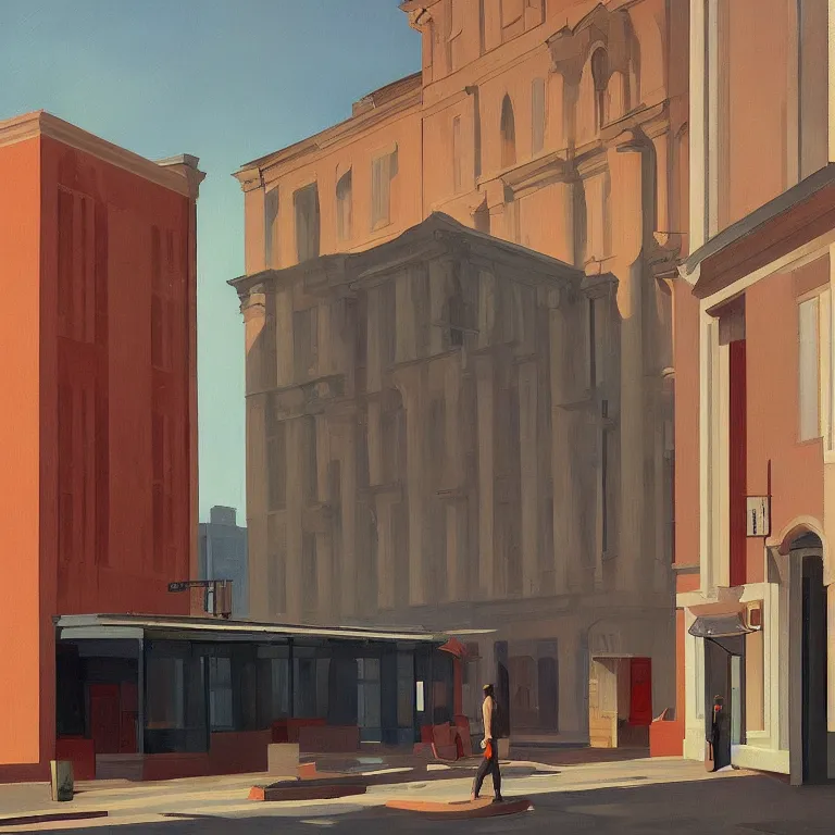 Image similar to morning flood in an empty city, , painted by Edward Hopper, painted by James Gilleard, airbrush