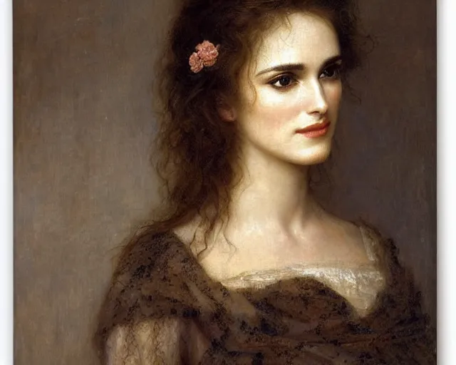 Prompt: portrait en buste of winona ryder kiera knightley in repose by Hughes Merle, by Pierre Auguste Cot, perfect detailed eyes, realistic fabric, abundant detail, kiera knightley