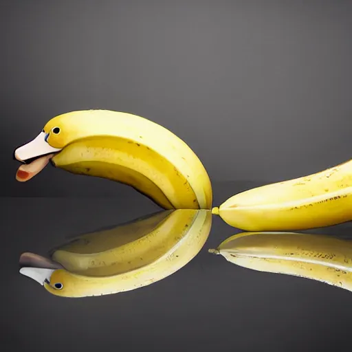 Image similar to professional photograph of banana ducks, peeled bananas with googly eyes and duck beaks