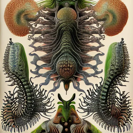 Image similar to hyper - detailed matte illustration of alien flora and fauna by iris van herpen based on plate 6 1 of art forms in nature by ernst haeckel