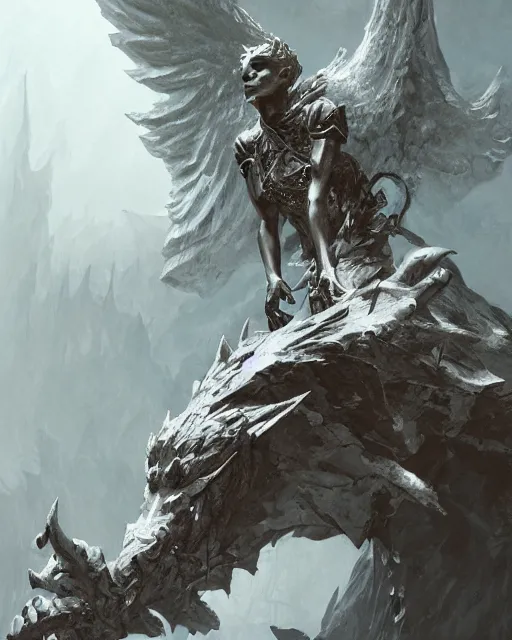 Image similar to Gargoyle Angel, D&D, artstation, fantasy, magic the gathering artwork, cinematic lighting, centered, symmetrical, highly detailed, digital painting, , concept art, smooth, sharp focus, illustration, volumetric lighting, epic Composition, 8k, art by Akihiko Yoshida and Greg Rutkowski and Craig Mullins, oil painting, cgsociety