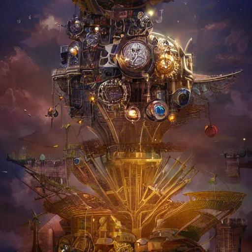 Image similar to flying city ontop of a mechanical flower, sky, fantasy art, steampunk