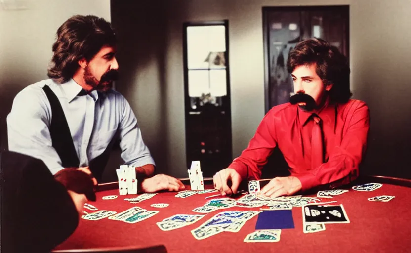 Image similar to color photo of a photomodel handsome man in mustache playing poker. las vegas. 8 0's style